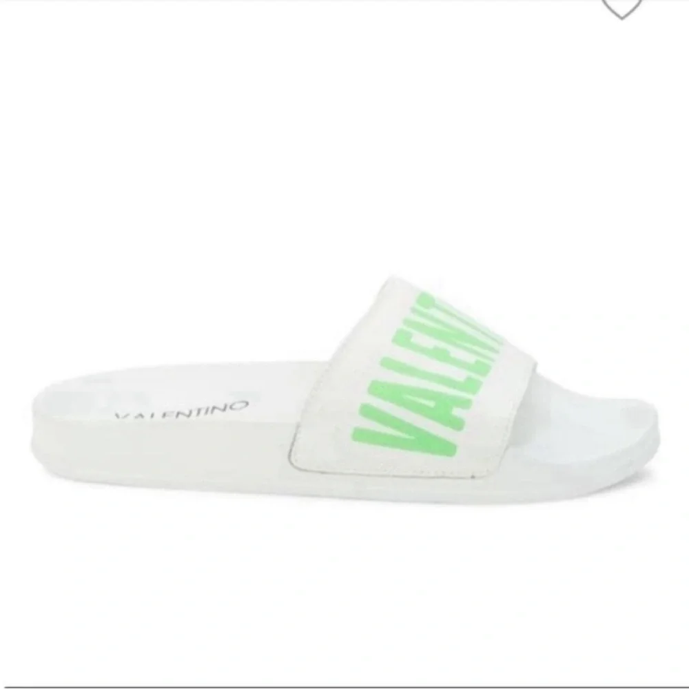 Valentino Leather Logo Neon Green  Slide Sandals
